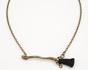 Fantasy Wizard Broom Necklace, Antique Bronze Magic Broom Pendant, Witchy Jewelry, Cosplay Gift for Book Lovers