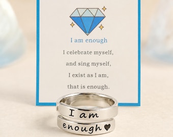 I Am Enough Ring with Message Card, Adjustable Stainless Steel Affirmation Ring, Self Love Gift for Her