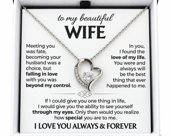 To My Beautiful Wife Heart Necklace, Anniversary Gift for Wife, Romantic Birthday Gift, 14K White Gold Plated CZ Pendant
