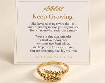 Keep Growing Leaf Wrap Ring with Message Card, Gold or Silver Tone, Gift for Her