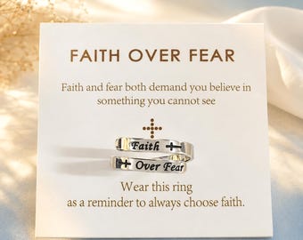 Faith Over Fear Ring with Message Card, Adjustable Stainless Steel Cross Ring, Christian Encouragement Gift for Women, Gift Box Option