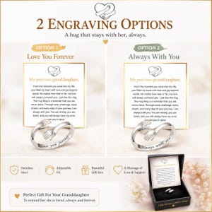 May include: A silver-colored hug ring with the text "Love You Forever" and "Always With You". The image includes text about the ring being a perfect gift for a granddaughter, and features a gift box.
