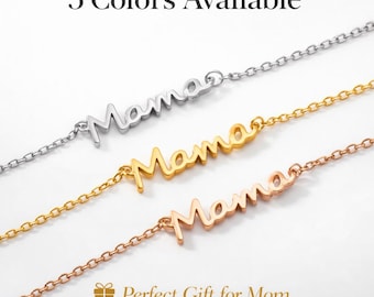 Pulsera Mama Script, joyería de cadena delicada en oro, plata y oro rosa.