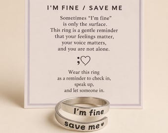I'm Fine Save Me Single Spiral Ring, Adjustable Stainless Steel Encouragement Gift with Message Card