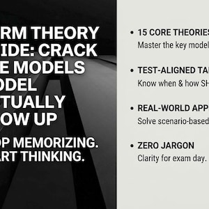 Może przedstawiać: Czarno-biała grafika z tekstem "SHRM THEORY GUIDE: CRACK THE MODELS MODEL ACTUALLY SHOW UP." Dodatkowy tekst zawiera "STOP MEMORIZING. START THINKING." oraz punktorami wyszczególniającymi 15 podstawowych teorii, wnioski zgodne z testami, zastosowanie w świecie rzeczywistym i zero żargonu.