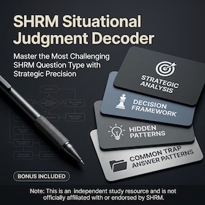 SHRM Situationsbedömningsavkodare | 15 viktiga strategiska scenariofrågor + Fällor, kompetenser och elimineringsguide PDF