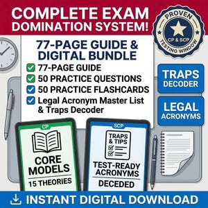 Może przedstawiać: Grafika edukacyjna z tekstem "COMPLETE EXAM DOMINATION SYSTEM!" i "77-PAGE GUIDE & DIGITAL BUNDLE." Zawiera listę materiałów do nauki, dwa tablety z przewodnikami do nauki oraz słowa "INSTANT DIGITAL DOWNLOAD."
