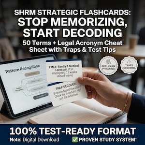 Może przedstawiać: Cyfrowe fiszki do nauki strategii SHRM. Obraz przedstawia fiszki z tekstem: "STOP MEMORIZING, START DECODING" i "FMLA: Family & Medical Leave Act". Widoczny jest również tablet z diagramem i notatnik.