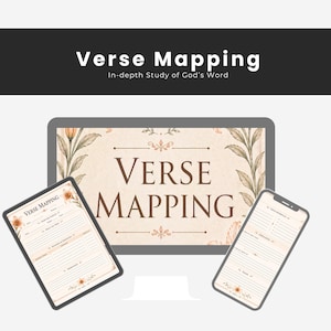 May include: A computer monitor, tablet, and smartphone display the words "Verse Mapping" and "In-depth Study of God's Word." The monitor and tablet show a floral design. The tablet and smartphone display a worksheet.