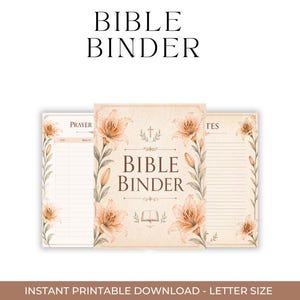 Puede incluir: Un conjunto de carpetas bíblicas que incluye una página de portada central con el texto BIBLE BINDER, una cruz y un icono de libro abierto, flanqueado por una página de oración y una página de notas rayadas con bordes de lirios naranjas.