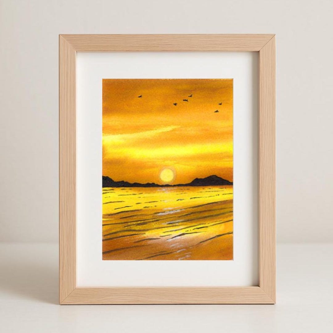 Golden Sunset Beach Art Print | Coastal Landscape Painting | Calming ...