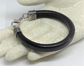 Thick Black Leather Unisex Bracelet with Patterned Cord Caps & Lobster Clasp