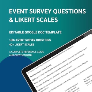 Puede incluir: Una tableta digital muestra un documento titulado "EVENT SURVEY QUESTIONS & LIKERT SCALES". La pantalla muestra preguntas de la encuesta y escalas, con texto que incluye "EDITABLE GOOGLE DOC TEMPLATE" y "100+ EVENT SURVEY QUESTIONS".
