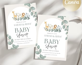 Puede incluir: Dos invitaciones para baby shower con temática de animales de safari. Las invitaciones presentan una jirafa, un elefante, un león y un rinoceronte. El texto dice "SARAH & RHYS' BABY Shower" con detalles del evento. Decoradas con hojas de eucalipto.