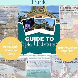 Op de afbeelding: Een promotieafbeelding voor een "Epic Universe Planner Pack" met een gids voor het nieuwe themapark van Universal Orlando. Het ontwerp bevat tekst, afbeeldingen en de zin "Edit in Canva for Free."