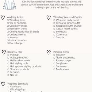 May include: A white and teal Bride's Packing Checklist with a drawing of a wedding dress. The checklist includes categories for attire, beauty, personal items, and wedding essentials. The text is in a handwritten style.