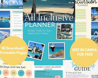 May include: A travel planner with the text "All Inclusive Planner" and "Get Ready to Relax!" The design includes beach scenes, a checklist, and a countdown. It offers 18 downloadable pages and the option to edit in Canva.