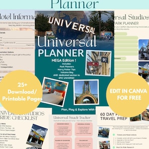 Könnte beinhalten: Ein Universal MEGA-Planer mit blauem und weißem Design. Der Planer enthält Abschnitte für die Parkplanung, Harry-Potter-Tipps und Volcano Bay. Er verfügt über eine Checkliste für Fahrgeschäfte, einen Snack-Tracker und einen Reisevorbereitungsleitfaden.