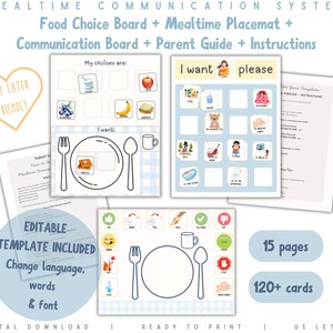 May include: A digital download set for a mealtime communication system. Includes a food choice board, placemat, communication board, parent guide, and instructions. Features the text "Picky Eater Friendly" and "Editable Template Included".