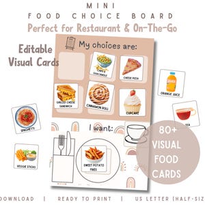 May include: A mini food choice board with the text "Perfect for Restaurant & On-The-Go." The board includes editable visual cards with food illustrations like spaghetti, pizza, and sweet potato fries. The image also includes the text "80+ Visual Food Cards."