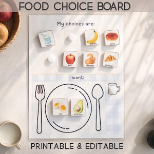 Puede incluir: Una pizarra blanca de elección de alimentos con el texto "FOOD CHOICE BOARD" y "PRINTABLE & EDITABLE". La pizarra presenta ilustraciones de varios alimentos, incluyendo yogur, un plátano, un bagel, una manzana, galletas y un cruasán.
