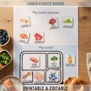 May include: A white lunch choice board with the text LUNCH CHOICE BOARD, My lunch choices, and My lunch. It features square magnets with illustrations and labels for food items like boiled egg, PB & J sandwich, celery sticks, croissant, and strawberries.