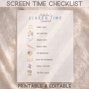 Kids Screen Time Checklist Printable – Editable Template, Watercolor, Routine Chart, PDF Instructions (Digital Download)