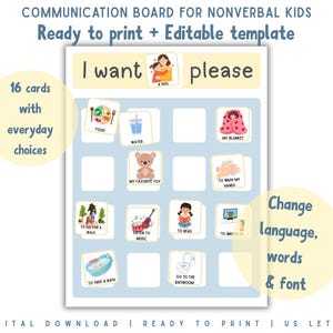 Autism Communication Board for Nonverbal Kids – 16 PECS Basic Needs Cards, Visual Communication Aid (Digital Download)