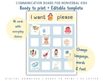 Autism Communication Board for Nonverbal Kids – 16 PECS Cards, Editable Visual Aid (Digital Download)