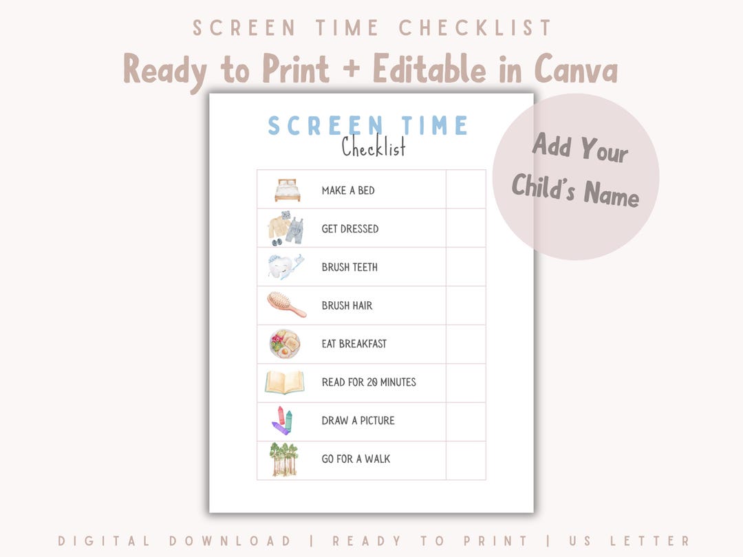 Kids Screen Time Checklist Printable – Editable Template, Watercolor ...