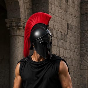 May include: A black Spartan-style helmet with a prominent red crest, paired with a sleeveless black tunic, a matching black cape, a wide leather belt with a circular buckle, black forearm bracers, and black lace-up gladiator sandals.