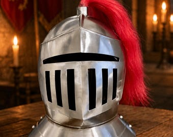 Handmade Medieval Close Helmet – Polished Steel Knight Armor with Red Plume