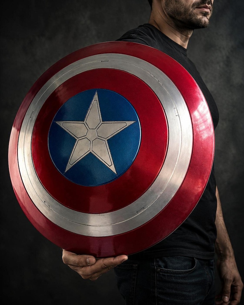Op de afbeelding: Een rood, wit en blauw schild met een centrale blauwe cirkel en een witte ster. Het schild heeft een zilverkleurige metalen rand. Het wordt vastgehouden door een persoon die een zwart shirt en een blauwe jeans draagt. Een replica van Captain America's schild.