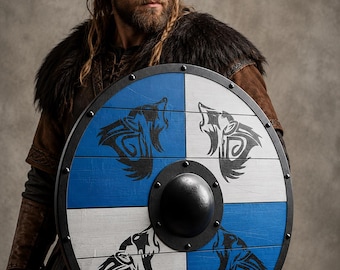 Escudo redondo vikingo de lobo hecho a mano: decoración para cosplay, LARP y recreaciones históricas de guerreros nórdicos.
