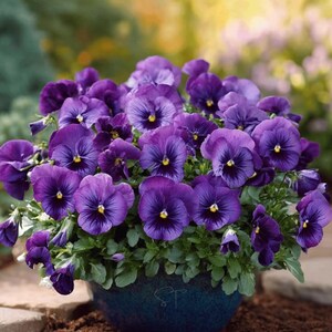 May include: A cluster of vibrant purple pansy flowers with dark centres and yellow eyes, densely packed and overflowing from a dark blue ceramic pot. The petals display deep violet hues with subtle veining, set against a backdrop of green foliage.