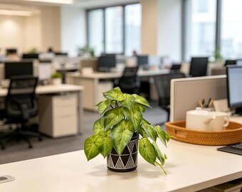 Kunstmatige klimopplant, geometrische cementpot, klein bureaugroen, decoratie thuiskantoor