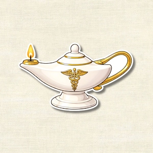 May include: A white oil lamp sticker with gold accents and a medical symbol. The lamp has a curved handle and a small flame. The sticker is on a textured, off-white background.
