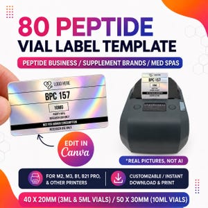 May include: A digital template for 80 peptide vial labels featuring a holographic finish. The design includes text fields for logo, BPC 157, 10MG, purity, and research use warnings. It is compatible with thermal printers and editable in Canva.
