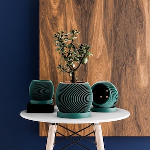 May include: A small, white table displays three teal-colored, patterned planters. One planter holds a small green plant. The background features a dark blue wall and a wooden panel with a natural wood grain.