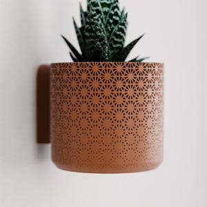 May include: A terracotta-colored, cylindrical wall planter with a geometric starburst pattern. The planter holds a green succulent plant. The planter is mounted on a white wall, showcasing a modern, minimalist design.