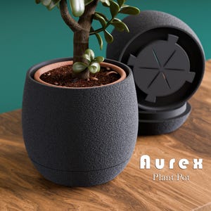 May include: A dark gray textured plant pot with a small green plant inside. The pot has a matching saucer. The text "Aurex Plant Pot" is displayed on the wooden surface.