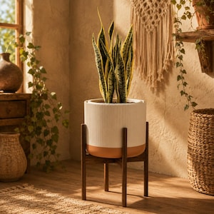 Modern Ribbed 3D Printed Planter, Indoor Plant Pot with Drainage or Pot Riser