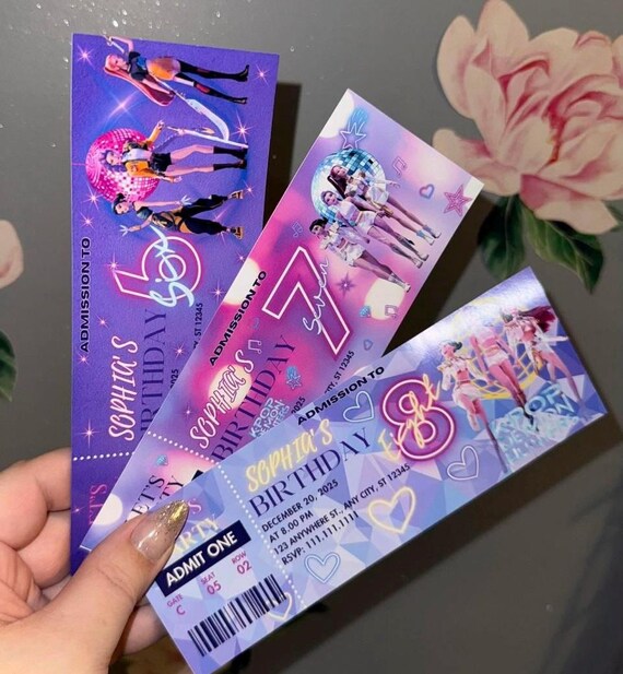 kpop demon hunters concert ticket birthday party invitations. K-pop Huntrix party invite. k pop birthday invitations. Saja boys invitations
