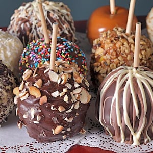 May include: A selection of caramel apples with various toppings. Some are coated in chocolate with nuts, sprinkles, or biscuit pieces. Others have a caramel coating. Each apple has a wooden stick inserted.
