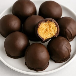 May include: A white plate displays several chocolate-coated peanut butter balls. One is cut open, showing a light brown, crumbly centre. The dark chocolate coating contrasts with the lighter filling, creating a visually appealing treat.
