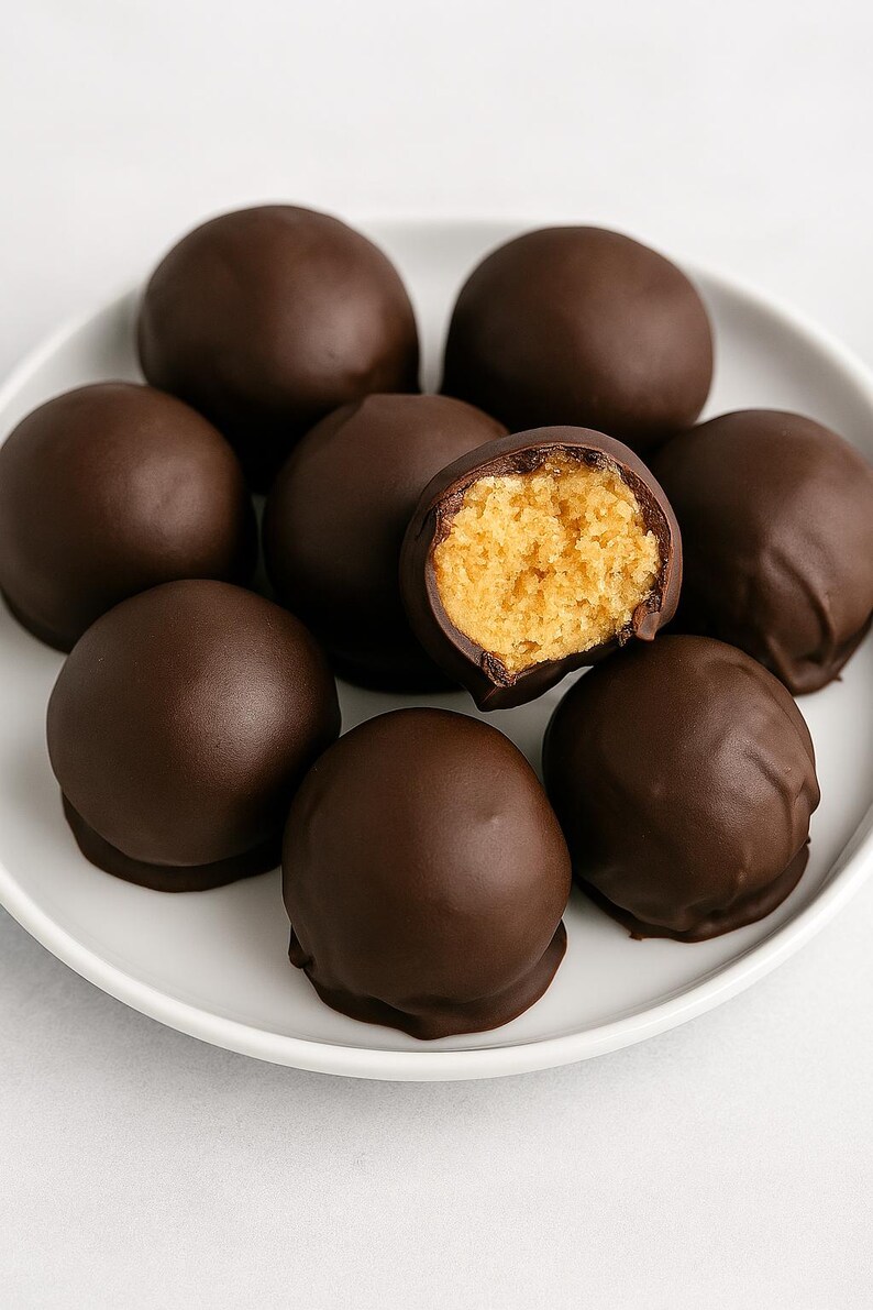 May include: A white plate displays several chocolate-coated peanut butter balls. One is cut open, showing a light brown, crumbly centre. The dark chocolate coating contrasts with the lighter filling, creating a visually appealing treat.
