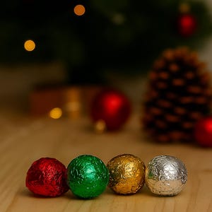 May include: Four foil-wrapped chocolate sweets in red, green, gold, and silver, arranged on a wooden surface. The background features a blurred Christmas tree with red baubles and bokeh lights, suggesting a festive theme.