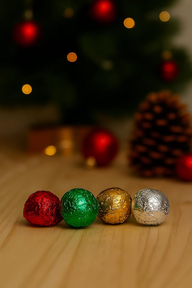 May include: Four foil-wrapped chocolate sweets in red, green, gold, and silver, arranged on a wooden surface. The background features a blurred Christmas tree with red baubles and bokeh lights, suggesting a festive theme.