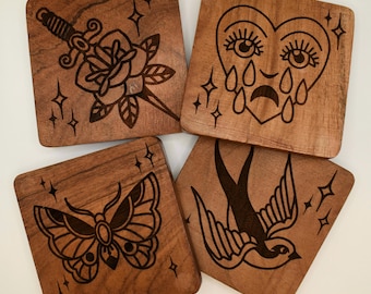 Traditionele lasergegraveerde houten onderzetters voor tatoeages – set van 4
