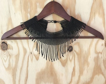 GUERRERA Black Beaded Fringe Choker, Necklaces for Women, Boho Jewelry, Beaded Necklace, Statement Necklace, Beaded Collar, Gift for Women